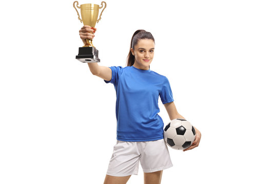 Young Woman Football Player Holding A Gold Trophy Cup