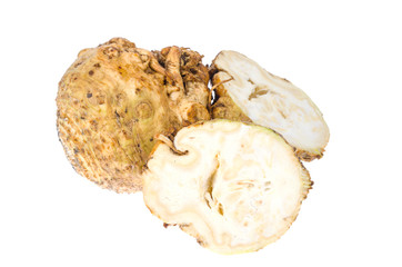 Fresh celery root isolated on white background.