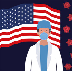Coronavirus 2019 nCov man doctor with mask uniform and usa flag vector design