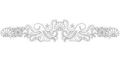 Marine vector linear divider with octopuses, starfish, shells and pearls. Symmetrical horizontal border for coloring on the ocean, underwater theme with sea animals and shells.