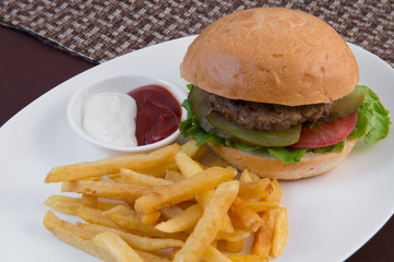 Hamburger with beef patty, tomatoes, pickles, lettuce, french fries and sauce