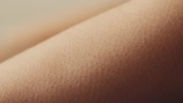 MACRO: Young Caucasian woman having chills on her skin on cold and windy summer day. Goosebumps on white female arm on freezing day by the seashore.