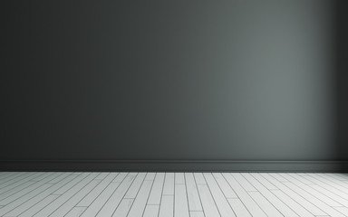 Empty room with painted black wall and white wooden floor realistic 3D rendering