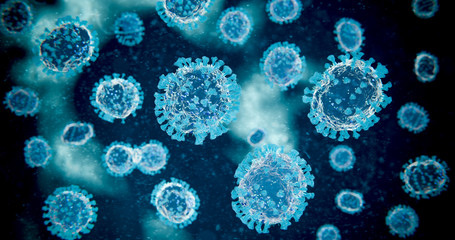 Blue Microscopic COVID-19 Coronavirus Molecules - nCOV Influenza Virus Pathogen Under Macro Medical Lab Microscope - 3D Rendering