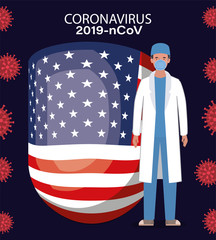 Coronavirus 2019 nCov man doctor with mask uniform and usa flag vector design