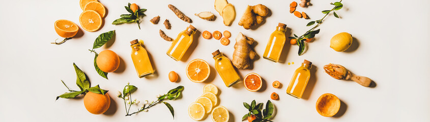 Immune boosting natural vitamin health defending drink. Flat-lay of fresh turmeric, ginger and citrus juice shots over white background, top view, wide composition. Vegan Immunity system booster - 341500926