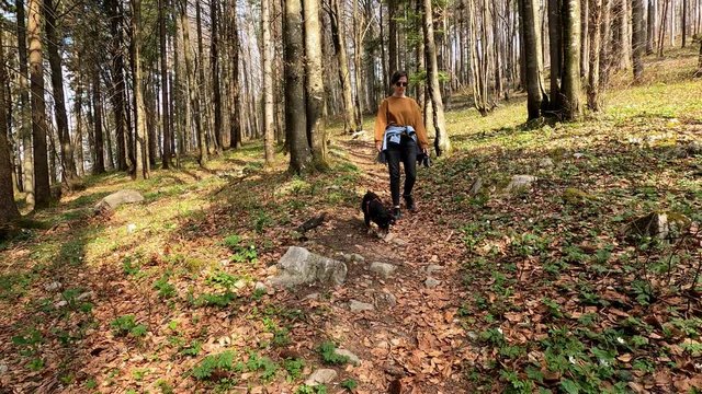 Woman in casual clothes walking with small black dog in nature, footage with action camera