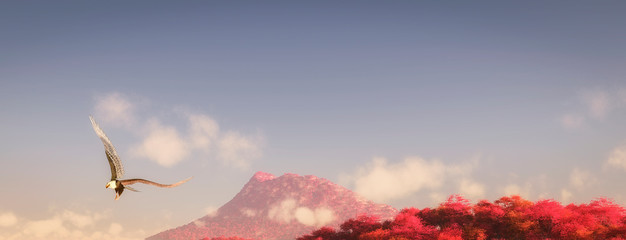 eagle flying over a forest of trees of different colors