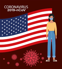 Coronavirus 2019 nCov woman with mask and usa flag vector design