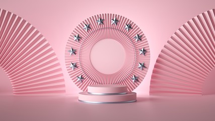 3d render. Abstract blank board, round frame, copy space, cylinder steps, empty podium, vacant pedestal, stage. Emblem template. Silver stars, isolated on pink background.