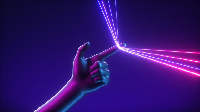 3d Render, Abstract Futuristic Concept, Artificial Hand Pulls Blue Pink Neon Glowing Lines. Mannequin Body Part Isolated On Dark Violet Background