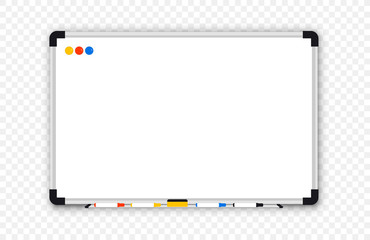 Whiteboard. Realistic Empty office white marker board. Whiteboard with marker pens and a sponge. Mock-up office white blackboard. Office Whiteboard template