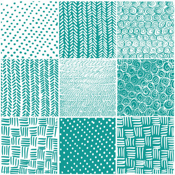 Seamless patchwork pattern. geometric lines on blue background. Vector illustration. Handmade.