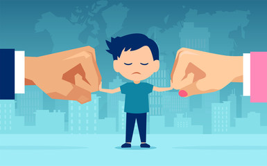 Vector of a sad little boy caught in the middle of conflicting parents