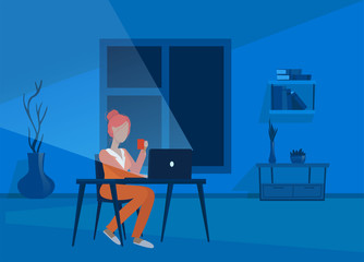 Vector of a woman working in her apartment at night, sitting at her desk using laptop computer.