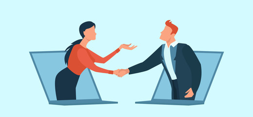 Vector of a businessman and business woman communicating online having agreement and shaking hands. - obrazy, fototapety, plakaty