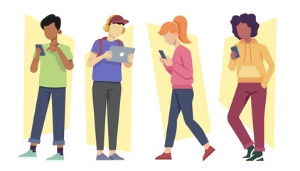 Vector of teenagers using texting on mobile phones and devices