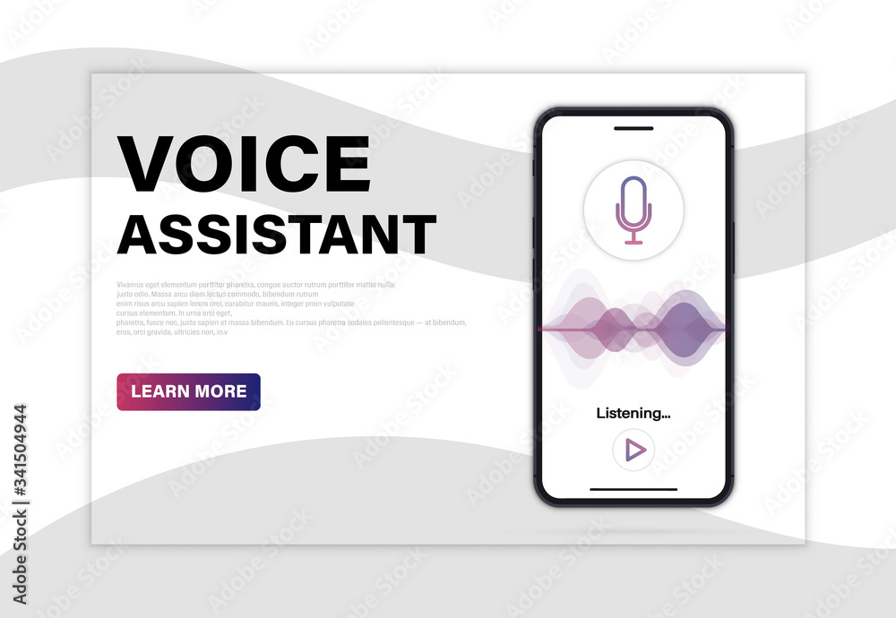 Aufkleber Personal voice assistant and recognition on mobile app. Landing page. Phone screen with voice and sound imitation waves. Virtual online assistant, mobile app ui, personal voice assistant design