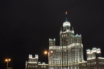 Night view of the skyscraper on Kotelnicheskaya Embankment, Russia, Moscow