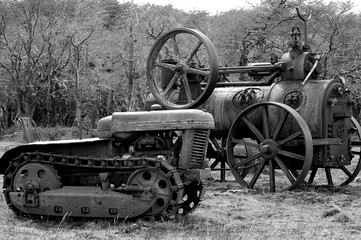 Fototapeta na wymiar train and tractor in black and white in a forest