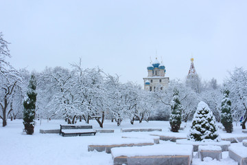 Church of the Kazan Icon of the Mother of God in the Kolomenskoye estate after a snowfall, Russia, Moscow