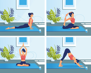 Set of slim sportive young  woman practicing yoga & fitness exercises indoor. Healthy lifestyle. Collection of female cartoon character demonstrating various yoga pose at home or in class. Vector