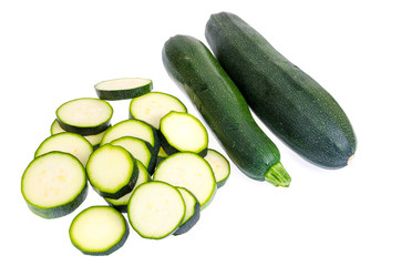 Zucchini chopped slices on white background as package design element