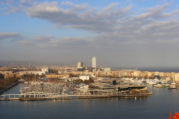 View of the evening Barcelona from the cable car, Catalonia, Spain, aerial view