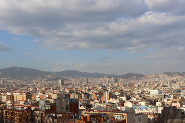 View of Barcelona from Montjuic on a sunny day, Catalonia, Spain