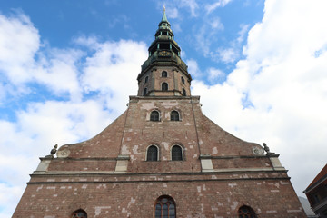 Fototapeta na wymiar View of the tower of St. Peter's Church in Riga, Latvia
