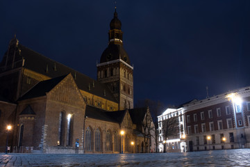 Night view of the Riga Dome Cathedral on Dome Square, Latvia