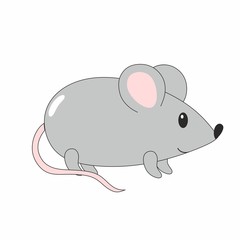 Children's cartoon illustration with the image of a mouse. Mouse on a white background, drawing for children. Design of children's books, clothing, postcards, logos, alphabet with animals, stickers