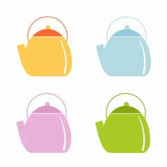 Kettle set of icons, clipart. Tea ceremony. Illustration of a teapot, kitchen items, dishes. Logo design, menu, cafe, recipes, food, flat illustration