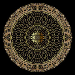 Gold greek style 3d grid vector mandala pattern. Ornamental golden lace zig zag background. Greek key meander round frames, shapes, zigzag, circles. Textured repeat ornament. Geometric ornate design