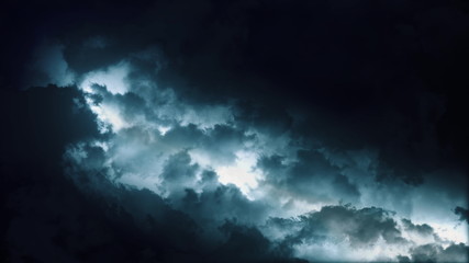 Epic thunderstorm clouds at night with lightning. Realistic black storm sky timelapse with powerful flashes and lights. Force of nature and dark environment 3D illustration. Severe weather background