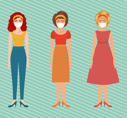 Pop art women with masks over striped background vector design