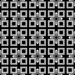 Geometric squares vector seamless pattern. Textured grid abstract plaid background. Repeat black and white backdrop. Symmetrical tribal tartan ornaments. Geometrical shapes, squares, stripes, rhombus