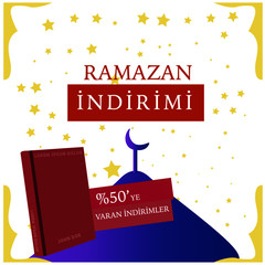 Book sale design template for Muslims holy month of Ramadan, written on it:
Ramazan İndirimi: Ramadan Sale.