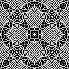 Lacy greek vector seamless pattern. Ornamental black and white lace tribal background. Vintage symmetrical greek ornament. Geometric patterned texture. Ethnic style abstract flowers, shapes, lines
