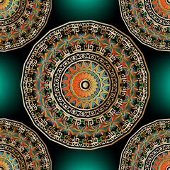 Colorful abstract round mandalas seamless pattern. Vector ornamental background. Glowing backdrop. Floral vintage 3d ornament. Ethnic tribal style design with frames, borders, shapes, flowers, leaves