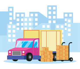 truck delivery service with boxes on the city