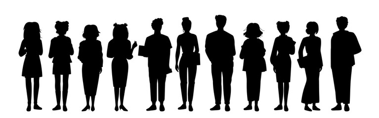 Set young people student black flat silhouette set. Monochrome group man womans casual clothes laptop, smartphone. Different nations representatives, gadgets in hand. Isolated vector illustration