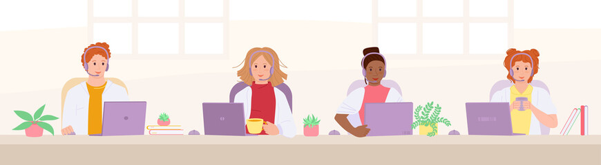 Smiling doctor answer calls advise. Call center hotline. Multiethnic doctors with headsets, health care, cartoon. Customer support department staff. Coronavirus prevention concept. Vector illustration