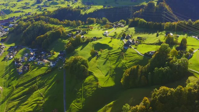 Aerial view of fields, houses, and trees, beautiful rural scenery