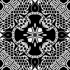 Lacy floral vector seamless pattern. Ornamental black and white vector background. Vintage greek ornament. Lace design. Elegance patterned texture. Ethnic style abstract lace flowers, shapes, lines