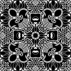 Lace floral vector seamless pattern. Ornamental black and white background. Vintage greek ornament. Lacy design. Symmetrical patterned texture. Ethnic style abstract lace flowers, shapes, lines