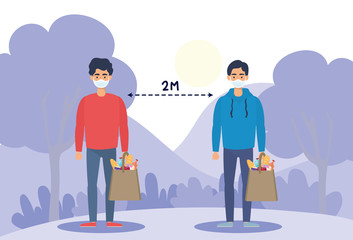 men with groceries shopping bag and social distancing for covid19