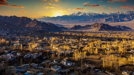 City of Leh capital of Ladakh northern India, Leh city is located in the Indian Himalayas at altitude of 3500 meters. viewe from shanti stupa , Detail old town , Leh, Ladakh, Jammu and Kashmir, India.