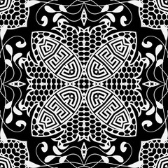 Lace floral vector seamless pattern. Ornamental black and white background. Vintage greek ornament. Lacy design. Symmetrical patterned texture. Ethnic style abstract lace flowers, shapes, lines