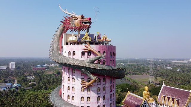 Overhead aerial view of Wat Samphran Dragon Temple in the Sam Phran District - Nakhon Pathom province, Bangkok, Thailand